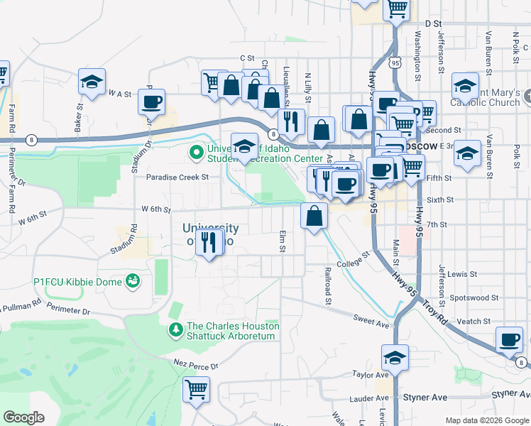 map of restaurants, bars, coffee shops, grocery stores, and more near 615 West 6th Street in Moscow