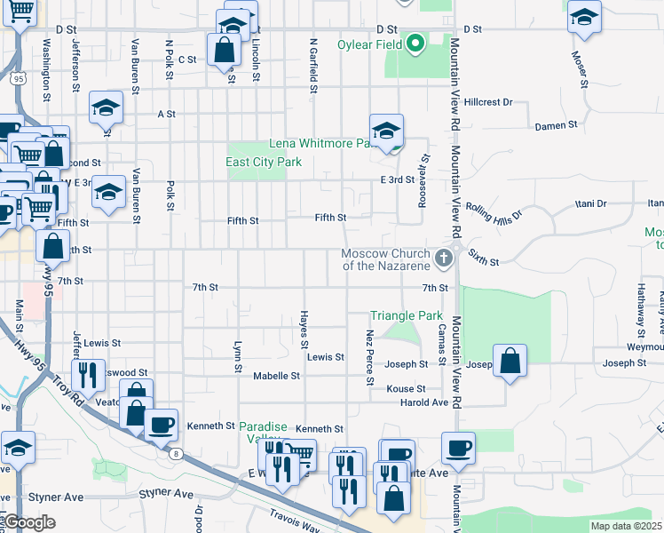 map of restaurants, bars, coffee shops, grocery stores, and more near 618 Garfield Street in Moscow
