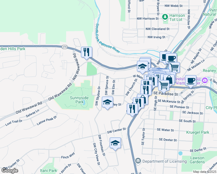 map of restaurants, bars, coffee shops, grocery stores, and more near 520 Southwest Henry Street in Pullman