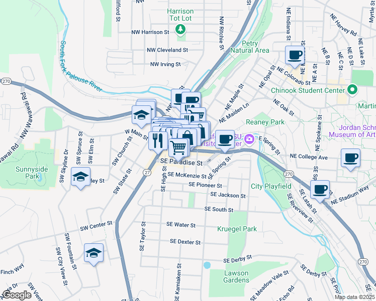 map of restaurants, bars, coffee shops, grocery stores, and more near 315 East Main Street in Pullman