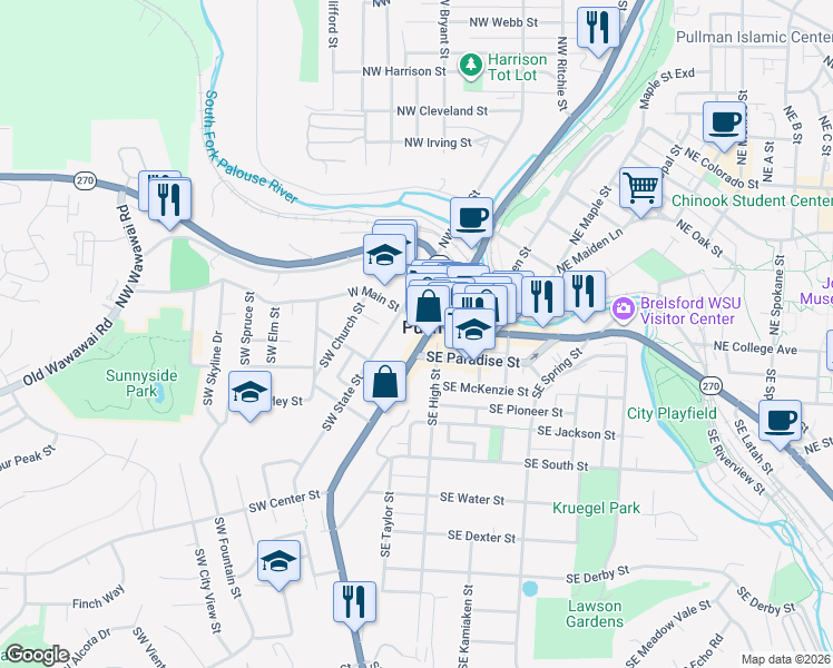 map of restaurants, bars, coffee shops, grocery stores, and more near 130 Southwest State Street in Pullman