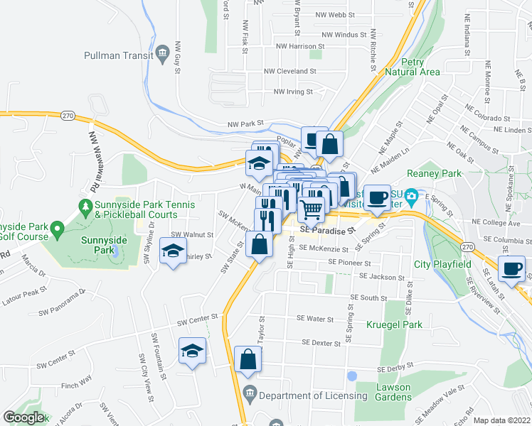 map of restaurants, bars, coffee shops, grocery stores, and more near 130 Southwest State Street in Pullman