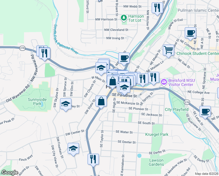 map of restaurants, bars, coffee shops, grocery stores, and more near 105 West Main Street in Pullman