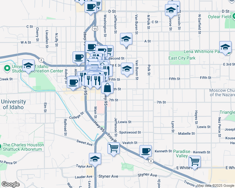 map of restaurants, bars, coffee shops, grocery stores, and more near 616 South Jefferson Street in Moscow