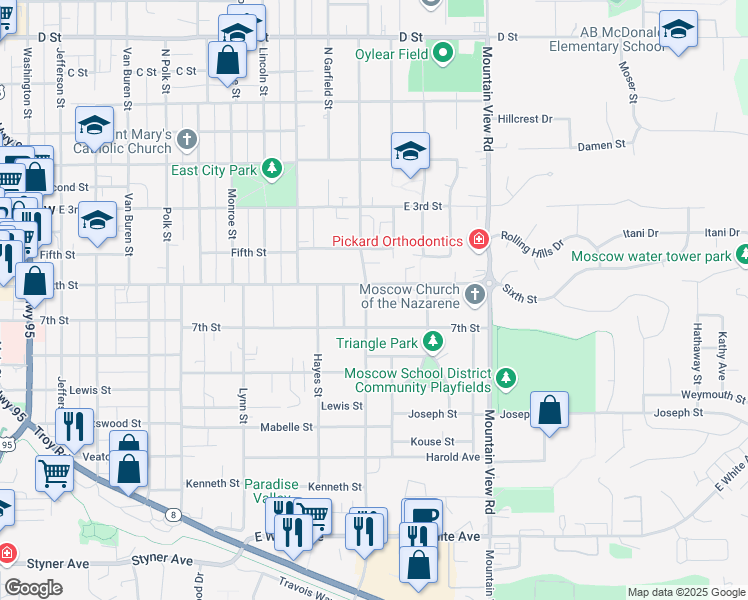 map of restaurants, bars, coffee shops, grocery stores, and more near 624 South Blaine Street in Moscow