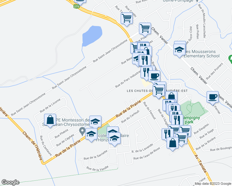 map of restaurants, bars, coffee shops, grocery stores, and more near 1054 Rue du Parc Industriel in Lévis