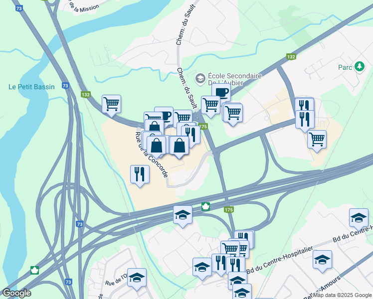map of restaurants, bars, coffee shops, grocery stores, and more near 940 Chemin du Sault in Lévis