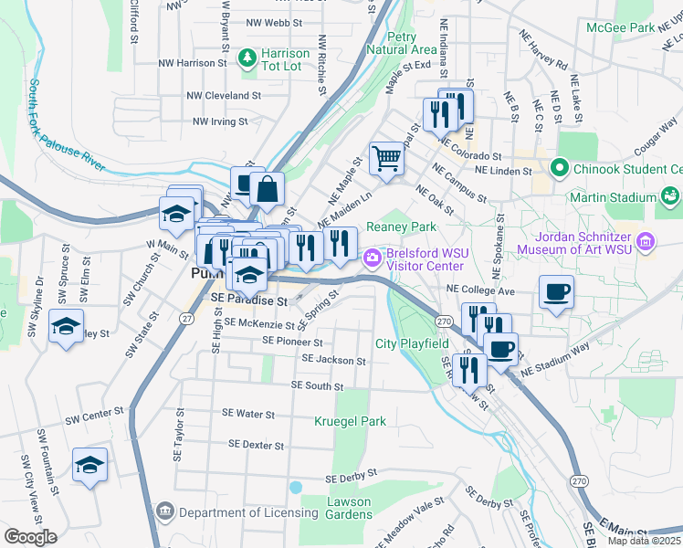 map of restaurants, bars, coffee shops, grocery stores, and more near 540 East Main Street in Pullman