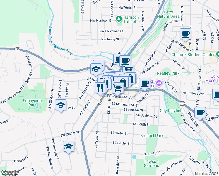 map of restaurants, bars, coffee shops, grocery stores, and more near in Pullman