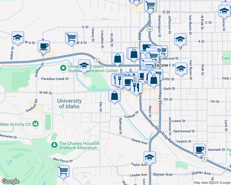 map of restaurants, bars, coffee shops, grocery stores, and more near 425 West 6th Street in Moscow