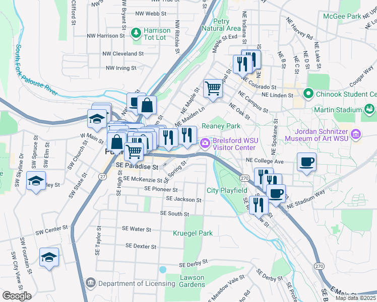 map of restaurants, bars, coffee shops, grocery stores, and more near 540 East Main Street in Pullman