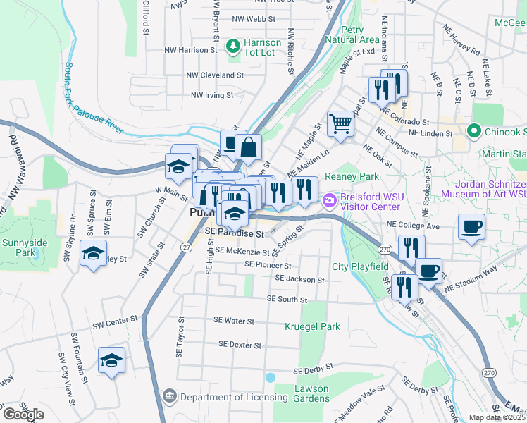 map of restaurants, bars, coffee shops, grocery stores, and more near 435 East Main Street in Pullman