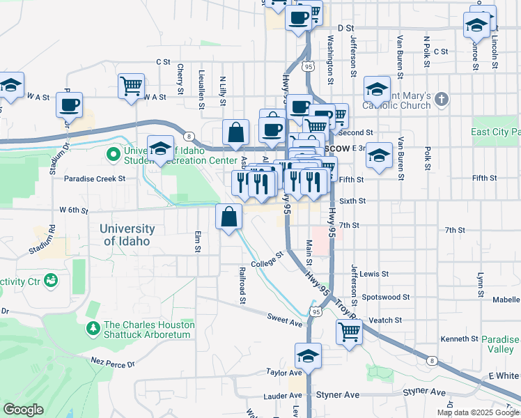 map of restaurants, bars, coffee shops, grocery stores, and more near 317 West 6th Street in Moscow