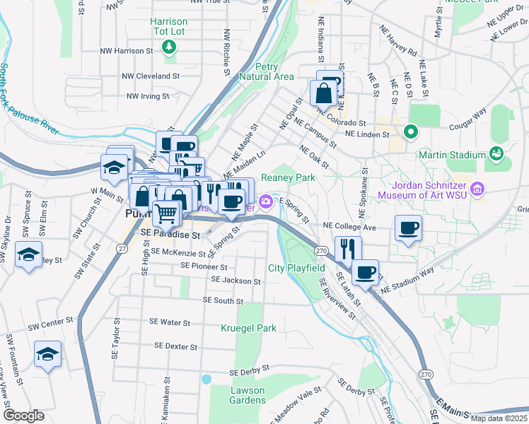 map of restaurants, bars, coffee shops, grocery stores, and more near 150 Northeast Spring Street in Pullman