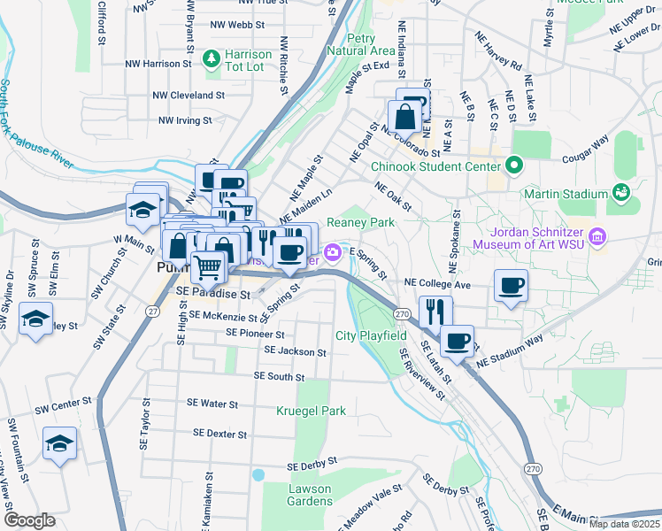 map of restaurants, bars, coffee shops, grocery stores, and more near 150 Northeast Spring Street in Pullman