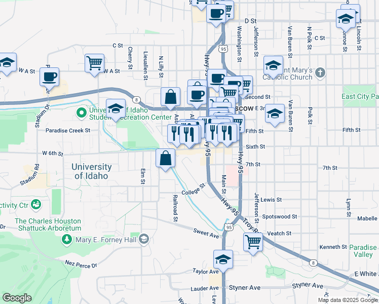 map of restaurants, bars, coffee shops, grocery stores, and more near 317-399 West 6th Street in Moscow