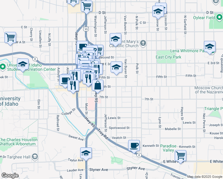 map of restaurants, bars, coffee shops, grocery stores, and more near 616 South Jefferson Street in Moscow
