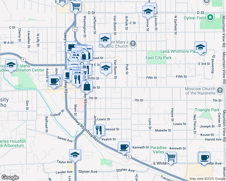 map of restaurants, bars, coffee shops, grocery stores, and more near 421 East 6th Street in Moscow