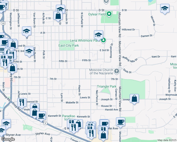map of restaurants, bars, coffee shops, grocery stores, and more near 618 Garfield Street in Moscow