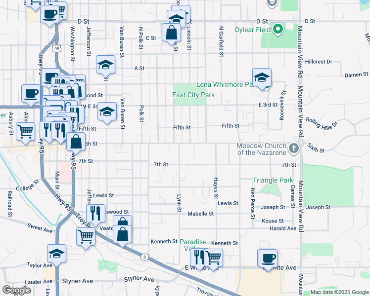 map of restaurants, bars, coffee shops, grocery stores, and more near 615 South Lynn Street in Moscow