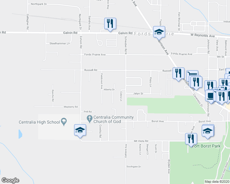 map of restaurants, bars, coffee shops, grocery stores, and more near 3110 Alberta Drive in Centralia