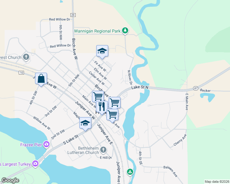 map of restaurants, bars, coffee shops, grocery stores, and more near 305 Lake Street North in Frazee