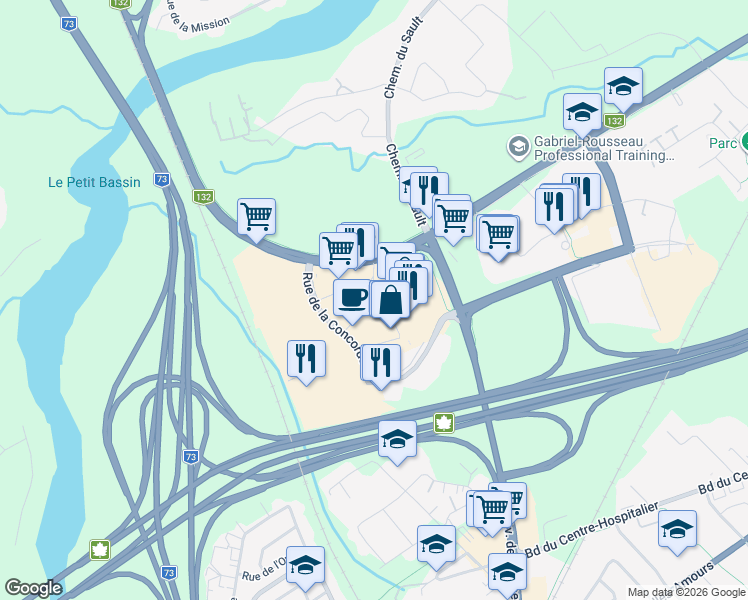 map of restaurants, bars, coffee shops, grocery stores, and more near Rue des Promenades in Levis