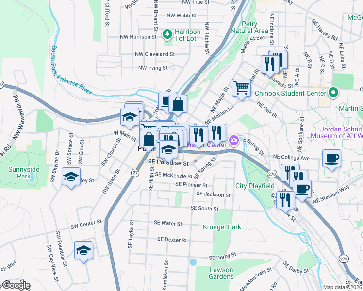 map of restaurants, bars, coffee shops, grocery stores, and more near 355 Northeast Olsen Street in Pullman