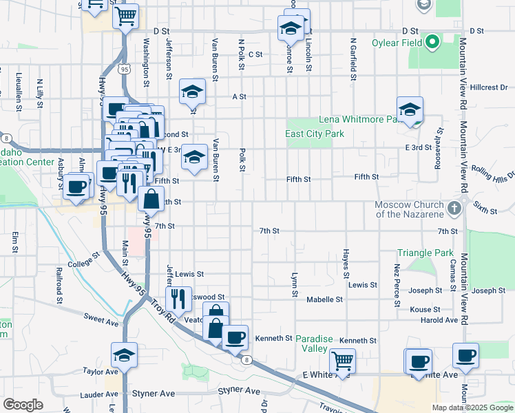 map of restaurants, bars, coffee shops, grocery stores, and more near 704 East 7th Street in Moscow