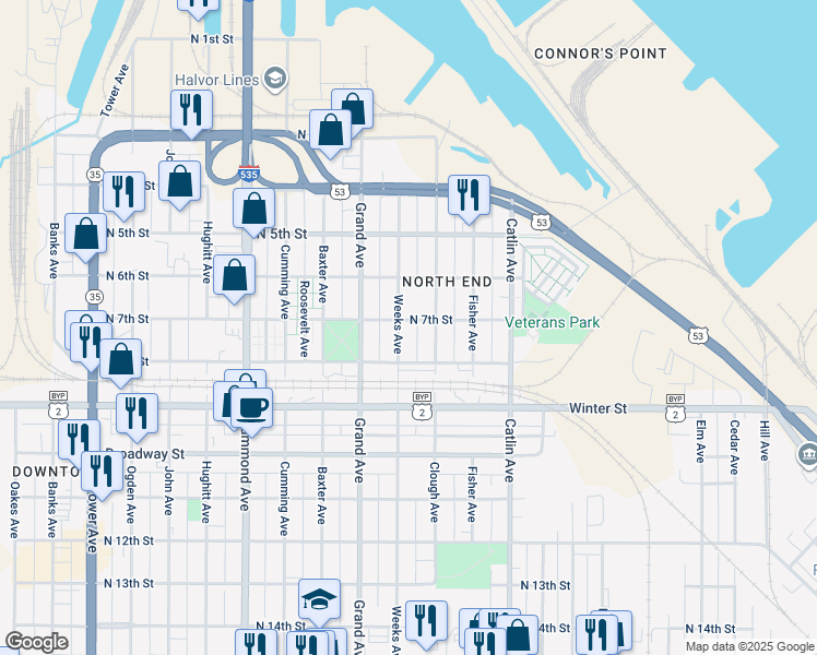 map of restaurants, bars, coffee shops, grocery stores, and more near 719 Clough Avenue in Superior