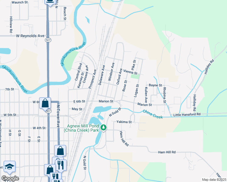 map of restaurants, bars, coffee shops, grocery stores, and more near 1319 Oxford Avenue in Centralia