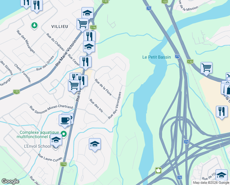 map of restaurants, bars, coffee shops, grocery stores, and more near 265 Rue des Pervenches in Saint-Nicolas