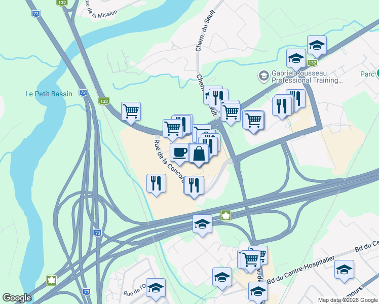 map of restaurants, bars, coffee shops, grocery stores, and more near Rue des Promenades in Lévis