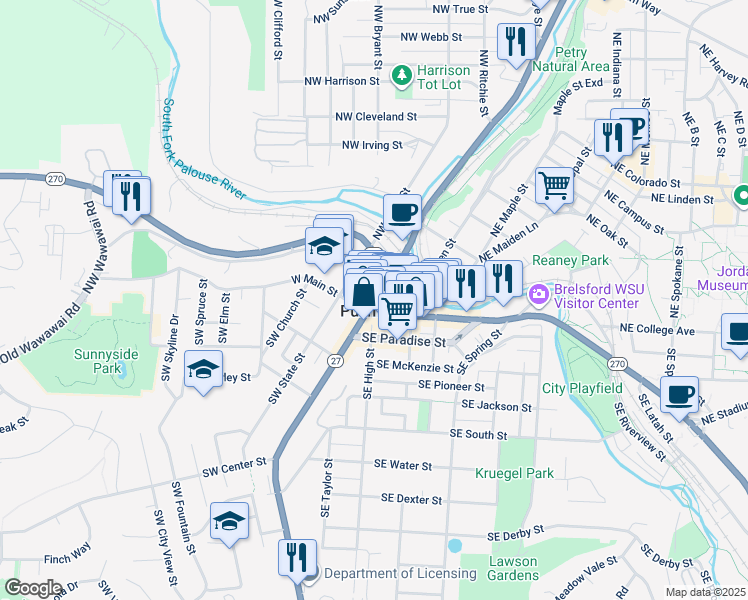 map of restaurants, bars, coffee shops, grocery stores, and more near 135 North Grand Avenue in Pullman