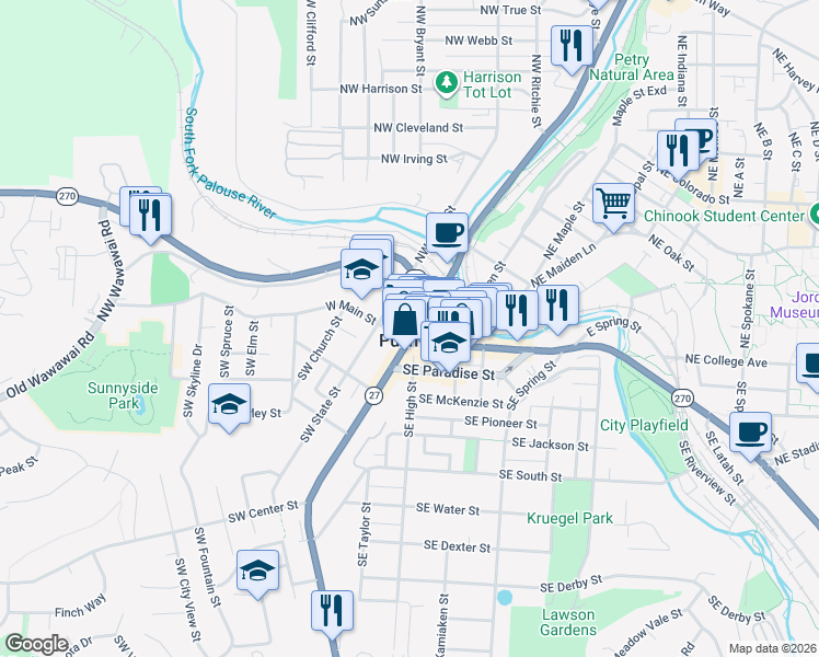 map of restaurants, bars, coffee shops, grocery stores, and more near in Pullman