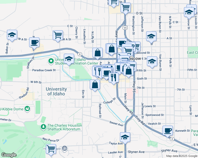 map of restaurants, bars, coffee shops, grocery stores, and more near 425 West 6th Street in Moscow