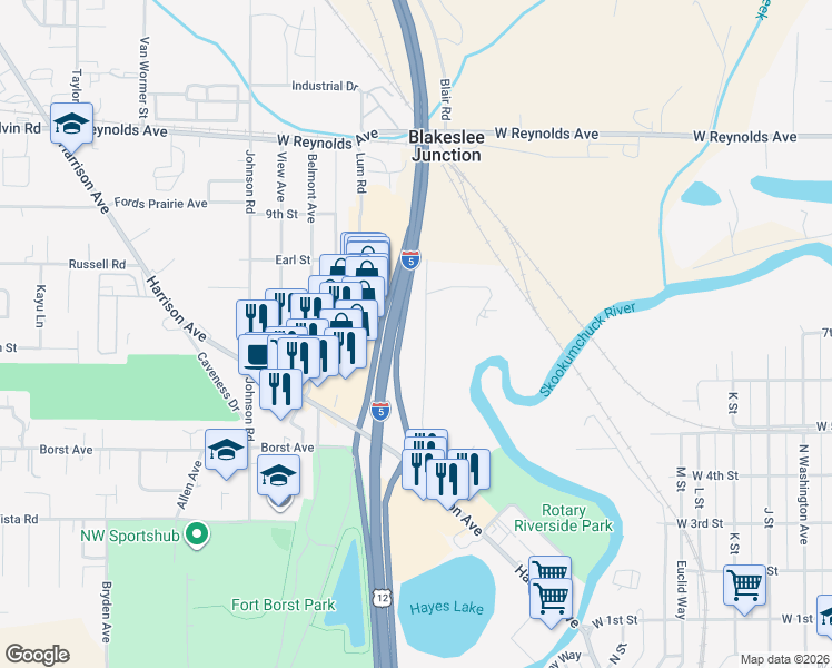 map of restaurants, bars, coffee shops, grocery stores, and more near 1049 Eckerson Road in Centralia