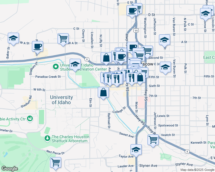 map of restaurants, bars, coffee shops, grocery stores, and more near 425 West 6th Street in Moscow