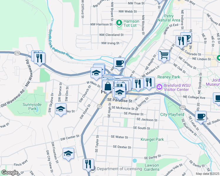 map of restaurants, bars, coffee shops, grocery stores, and more near in Pullman