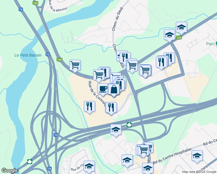 map of restaurants, bars, coffee shops, grocery stores, and more near Rue des Promenades in Lévis