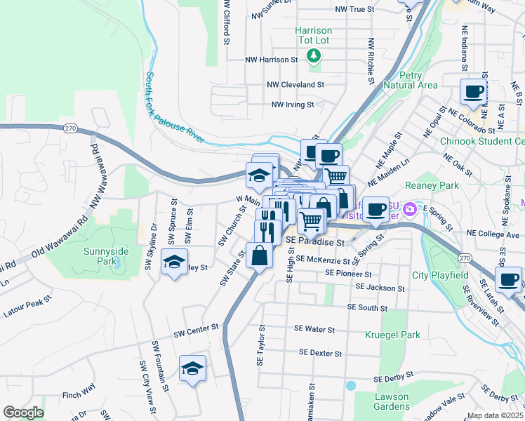 map of restaurants, bars, coffee shops, grocery stores, and more near 130 Southwest State Street in Pullman