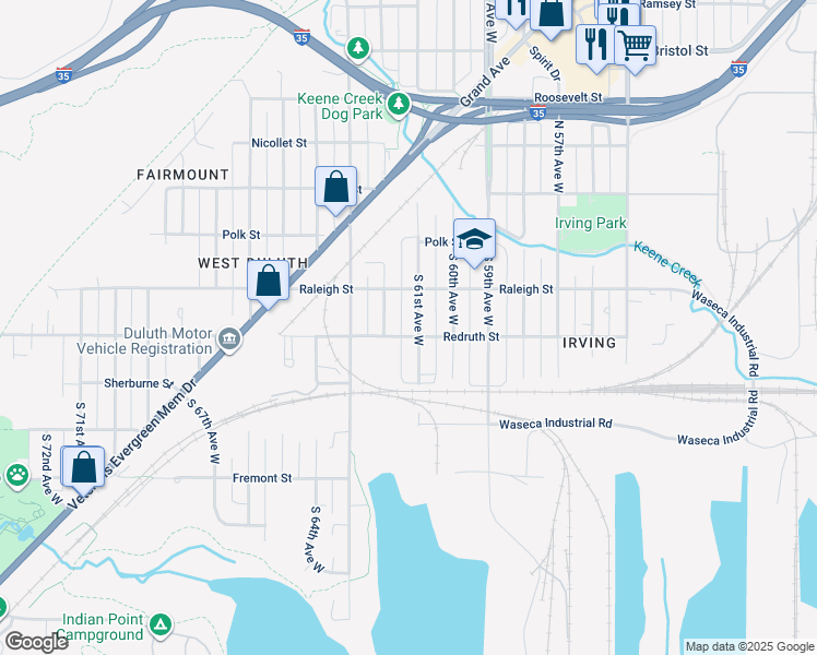 map of restaurants, bars, coffee shops, grocery stores, and more near 313 South 61st Avenue West in Duluth