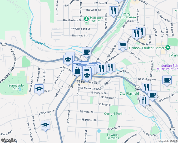map of restaurants, bars, coffee shops, grocery stores, and more near in Pullman