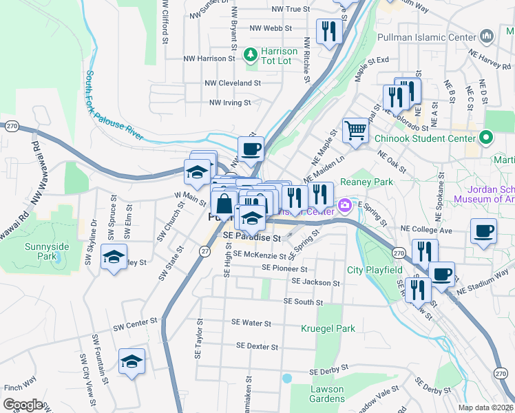 map of restaurants, bars, coffee shops, grocery stores, and more near in Pullman