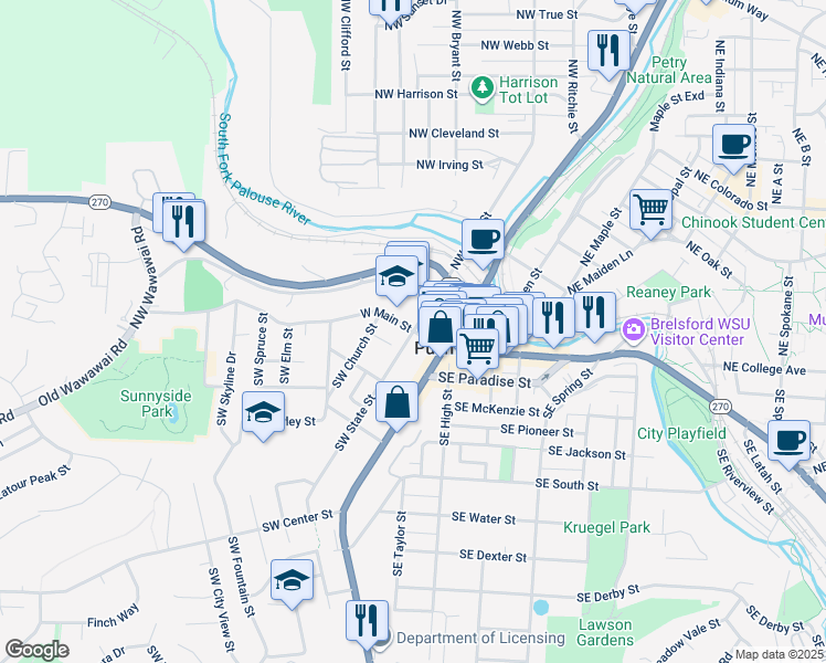 map of restaurants, bars, coffee shops, grocery stores, and more near 101 Southwest State Street in Pullman