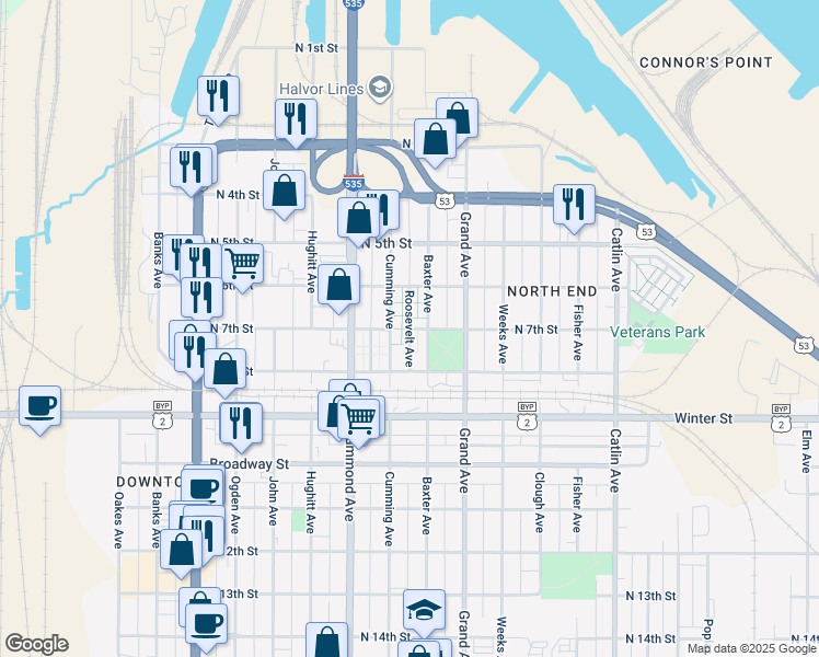 map of restaurants, bars, coffee shops, grocery stores, and more near Roosevelt Avenue in Superior