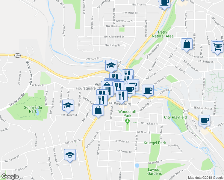 map of restaurants, bars, coffee shops, grocery stores, and more near 135 North Grand Avenue in Pullman