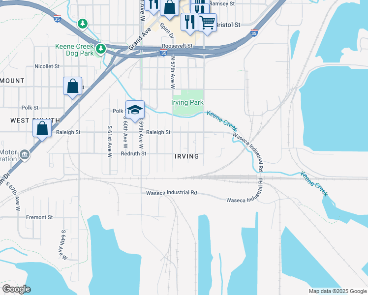 map of restaurants, bars, coffee shops, grocery stores, and more near 5620 Raleigh Street in Duluth