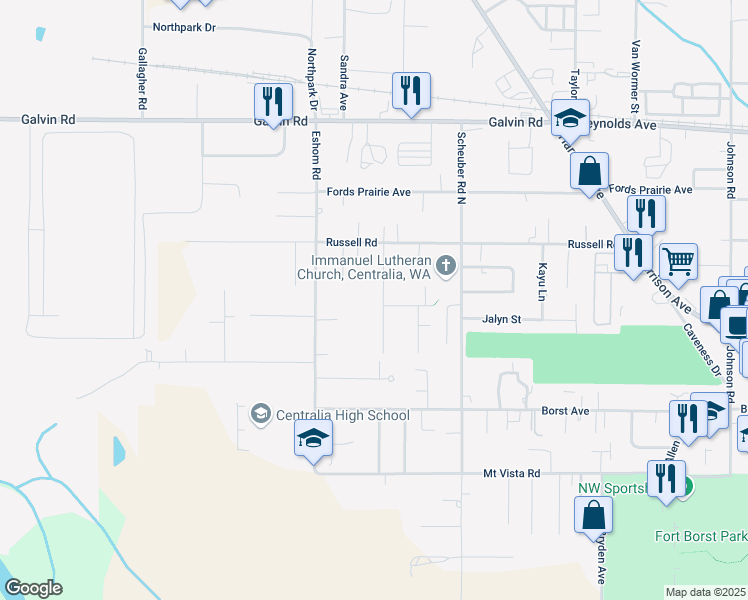 map of restaurants, bars, coffee shops, grocery stores, and more near 1217 Fieldcrest Avenue in Centralia
