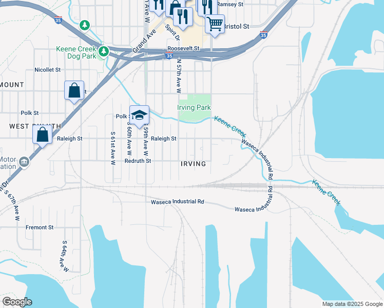 map of restaurants, bars, coffee shops, grocery stores, and more near 223 South 56th Avenue West in Duluth